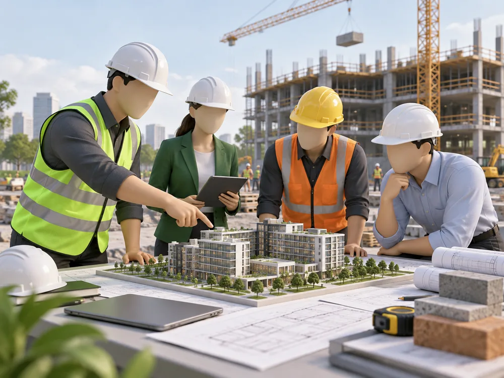 Engineers and a project lead gathered around a building model on a construction site