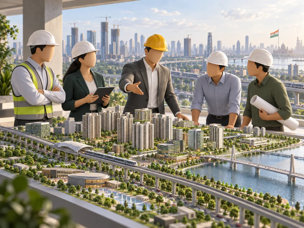 A team of engineers reviewing a city and infrastructure model against an Indian skyline