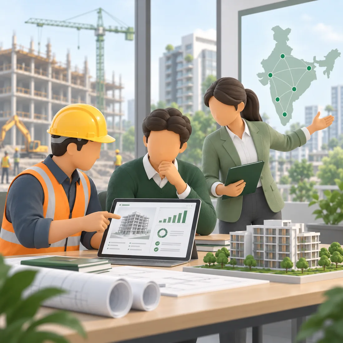 A site engineer, an analyst and a product lead reviewing a construction project together