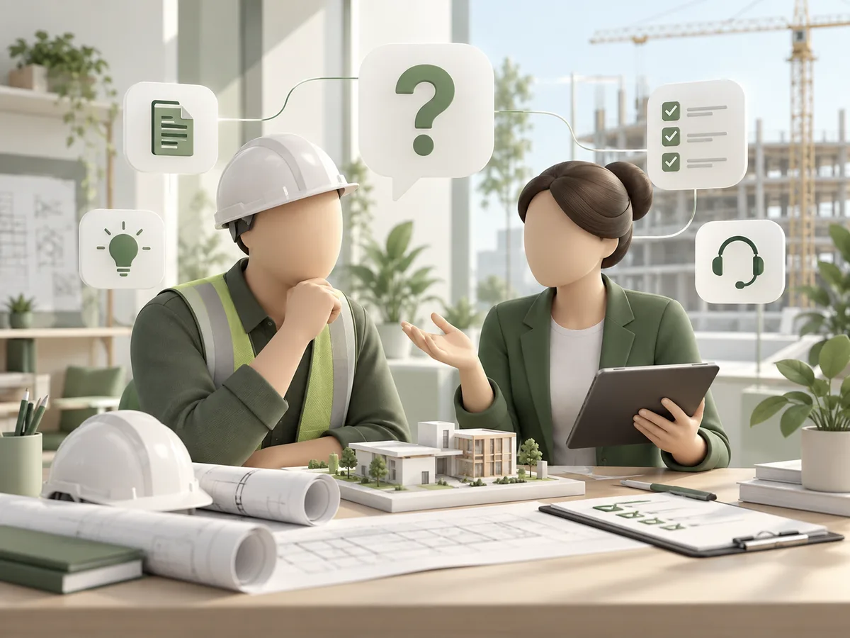 A site engineer and a project manager talking through questions over a building model